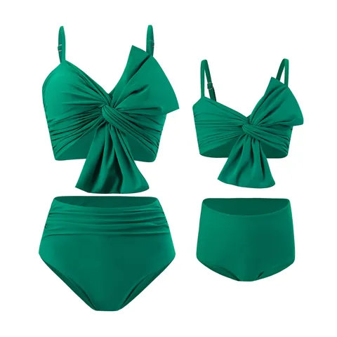 Women Girls Matching Nylon Bowknot Bikini Top And Bottom Tropical Floral Print High Waist Swimwear Parent-Child Beachwear
