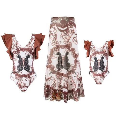 Parent-Child Ruffled One-Piece Swimsuit With Ethnic Print Mesh Skirt For Women Girls Leopard Floral Beachwear Vacation