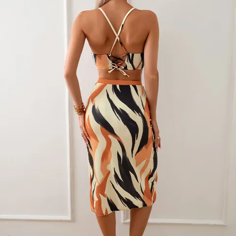 Women Abstract Tiger Print Bikini Top Bottom And Slit Skirt Underwired Padded High Waist Swimsuit Beachwear