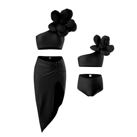 Women Girl 3D Floral Single Shoulder Bikini Top Bottom And High Slit Beach Skirt Family Matching Vacation Swimwear Outfits