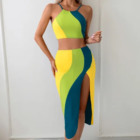 Women Color Block Nylon Swimsuit Set Geometric Bikini With High Slit Beach Skirt Summer Vacation Bathing Suit Top And Bottom