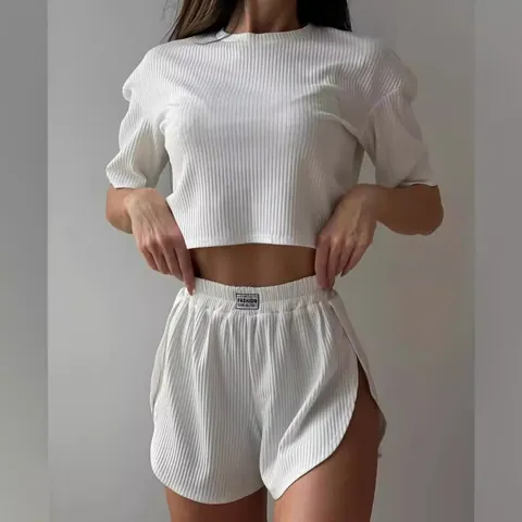 Damen Casual Geripptes Lounge-Set Rundhals Crop Top Und Shorts Schlafanzug-Set Polyester Strick Komfortable Heimkleidung