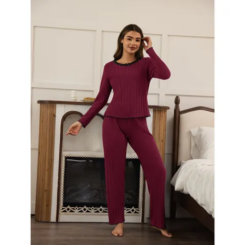 Dames Casual Ribgebreide Pyjamaset Lange Mouw Ronde Hals Top En Broek Homewear Met Strikdecoratie Effen Kleur Comfortabele Zachte Nachtkleding