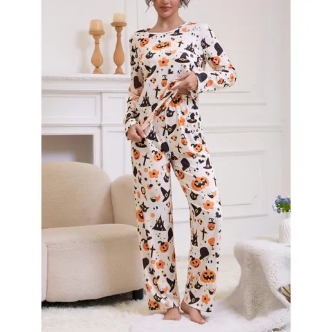 Damen Halloween Cartoon Druck Schlafanzug Oberteil Und Lange Hose Rippstrick Rundhals Hauskleidung Für Zuhause