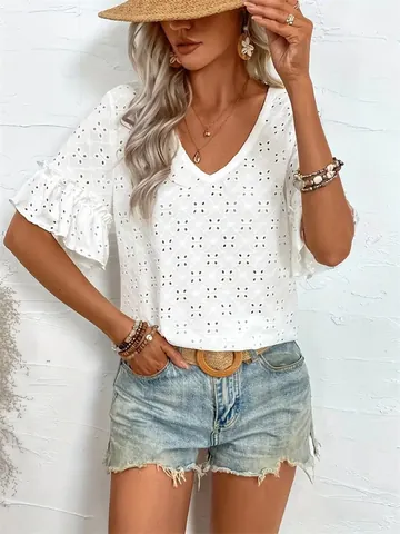 Women's V-Neck Eyelet Embroidery T-Shirt Ruffle Short Sleeve Hollow Out Bohemian Casual Summer Top White
