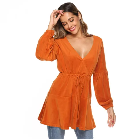 Women Sexy V Neck Drawstring Waist Velvet Mini Dress Lantern Sleeve Knitted Top Solid Color Ruffle Hem Long Sleeve Outerwear