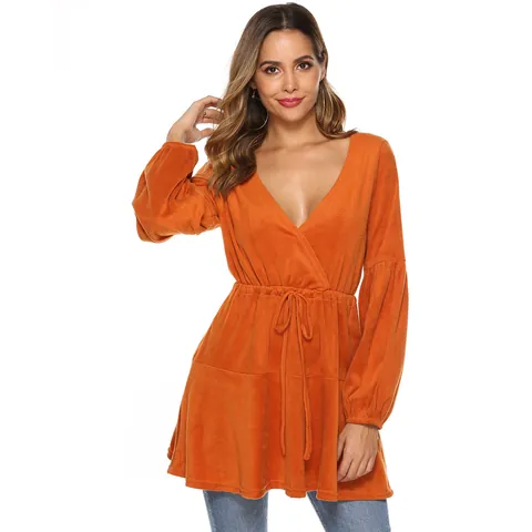 Women Sexy V Neck Drawstring Waist Velvet Mini Dress Lantern Sleeve Knitted Top Solid Color Ruffle Hem Long Sleeve Outerwear