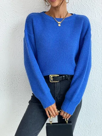 Maglione Pullover da Donna Casual in Viscosa a Costine Tinta Unita Ampio Girocollo Manica Lunga Caldo Maglieria Top Corto