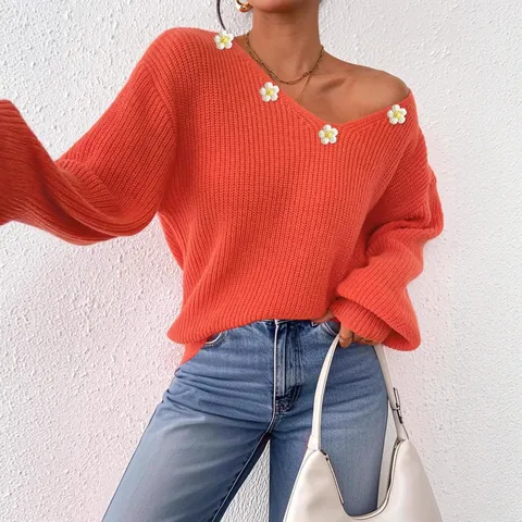 Pull en Tricot à Col en V pour Femmes Ample Décontracté Applique Marguerite Manches Lanterne Pullover Automne Hiver Haut