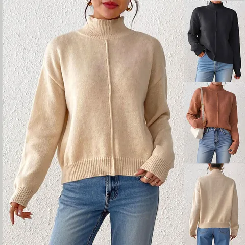 Damen Stehkragen Strickpullover Pullover Langarm Einfarbig Top Mit Mittelnaht Rippstrick Abschluss Casual Strickmode