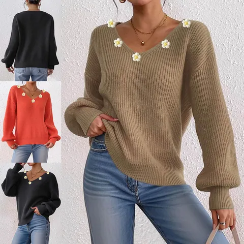 Pull en Tricot à Col en V pour Femmes Ample Décontracté Applique Marguerite Manches Lanterne Pullover Automne Hiver Haut