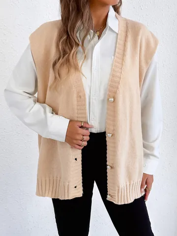Women V-Neck Knitted Vest Cardigan Loose Casual Lamb Fleece Waistcoat With Artificial Pearl Buttons Sleeveless Autumn Winter Top