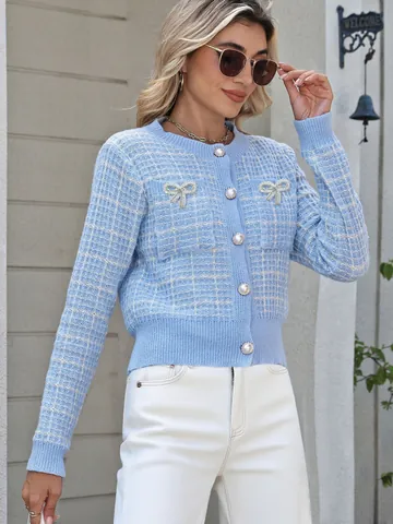 Women Tweed Style Plaid Knit Cardigan Sweater Bow Rhinestone Pearl Button Long Sleeve Top Elegant Fashion Knitwear Coat