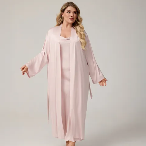 Plus Size Women Satin Robe And Nightgown Loungewear Sexy V-Neck Long Sleeve Sleepwear Solid Color Elegant Home Wear