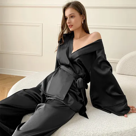 Damen Satin Schlafanzug Oberteil Und Unterteil Luxuriös Einfarbig Nachtwäsche Langarm Kimono-Stil Home Wear Loungewear Set