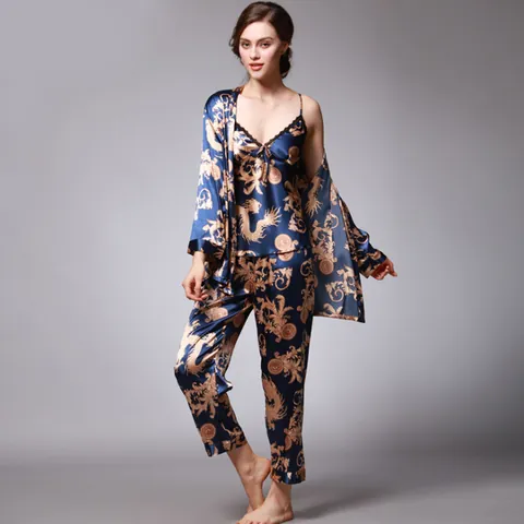 Ensemble de Pyjama en Satin de Luxe pour Femmes Imprimé Dragon Vêtements de Détente Trois Pièces Avec Camisole Peignoir Et Pantalon