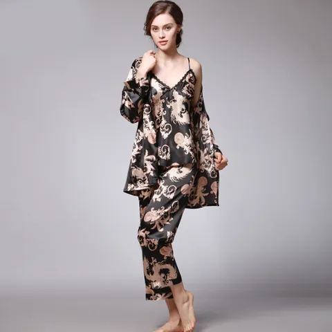 Ensemble de Pyjama en Satin de Luxe pour Femmes Imprimé Dragon Vêtements de Détente Trois Pièces Avec Camisole Peignoir Et Pantalon