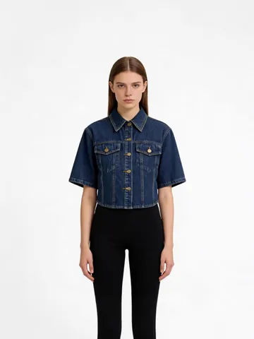 Damen Französischer Vintage Kurz Denim Jacke Westlicher Stil Schlank Hohe Taille Crop Top Halbarm Denim Hemd Mit Taschen Metallknöpfe