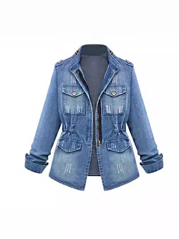 Women Denim Jacket Utility Washed Long Sleeve Coat With Zipper Drawstring Elastic Waist 4 Pockets Distressed Outerwear Top