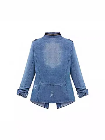 Women Denim Jacket Utility Washed Long Sleeve Coat With Zipper Drawstring Elastic Waist 4 Pockets Distressed Outerwear Top