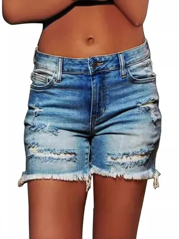 Women Casual Ripped Denim Shorts Distressed Frayed Hem Plus Size Mid Waist Washed Cotton Bermuda Jean Shorts