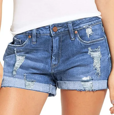 Short en Jean Décontracté pour Femme Taille Moyenne Déchiré Ourlet Revers Short en Coton Été Mode Streetwear