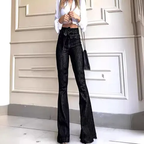 Vaqueros de Campana de Cintura Alta para Mujer Con Cinturón de Lazo Pantalones Slim Fit de Denim Color Sólido Lavado Vintage Largos