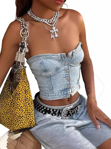 Women's Vintage Light Blue Denim Tube Top Slim Fit Strapless Corset Top With Metal Buttons Y2K Retro Streetwear Crop Top