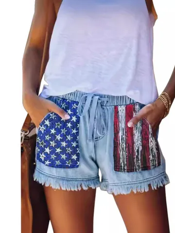 Damen Hohe Taille Denim Shorts US-Flagge Stern Streifen Druck Ausgefranster Saum Kordelzug Hotpants Casual Sommer Americana Streetwear