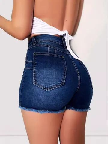 Women High Waisted Ripped Denim Shorts Distressed Fringed Hem Tassel Slim Fit Stretchy Jean Shorts For Casual Summer