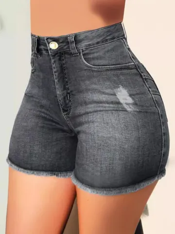 Women High Waisted Ripped Denim Shorts Distressed Fringed Hem Tassel Slim Fit Stretchy Jean Shorts For Casual Summer