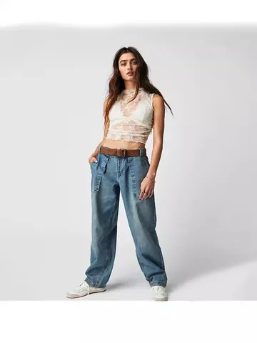 Women High Waist Wide Leg Jeans With Belt Vintage Cargo Pants Straight Denim Trousers Casual Loose Workwear Cotton Pants