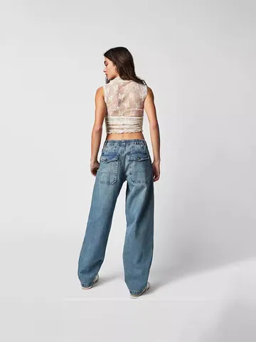 Women High Waist Wide Leg Jeans With Belt Vintage Cargo Pants Straight Denim Trousers Casual Loose Workwear Cotton Pants