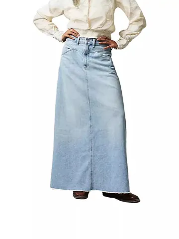 Women's High Waist Denim Maxi Skirt Retro Raw Hem Distressed Bodycon Long Skirt Casual Cotton Blend Jean Skirt For Women Fashion