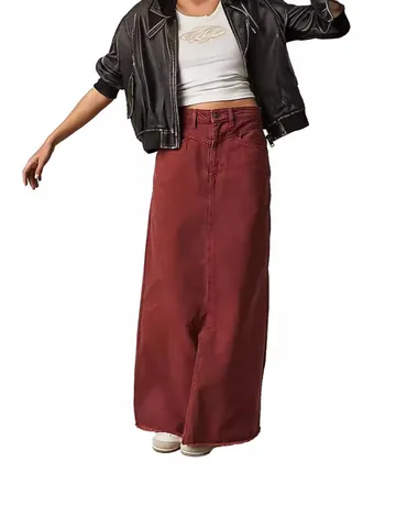 Women's High Waist Denim Maxi Skirt Retro Raw Hem Distressed Bodycon Long Skirt Casual Cotton Blend Jean Skirt For Women Fashion