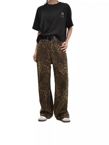 Women's Leopard Print Straight Leg Jeans High Waist Cotton Denim Pants Vintage Streetwear Fashion Casual Trousers