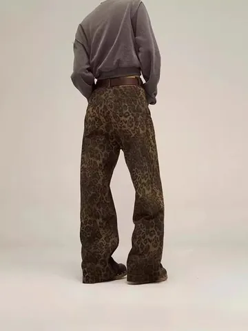 Women's Leopard Print Straight Leg Jeans High Waist Cotton Denim Pants Vintage Streetwear Fashion Casual Trousers