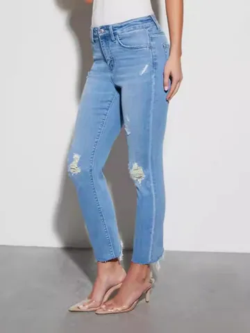 Women High Waist Ripped Skinny Jeans Light Blue Distressed Denim Cropped Pants With Raw Hem Streetwear Fashion Jeans
