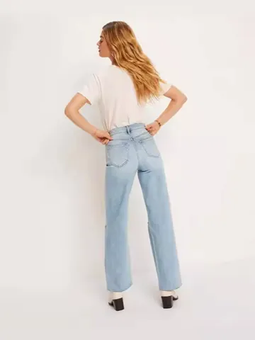 Women's High Waist Straight Leg Ripped Jeans Distressed Light Blue Cropped Denim Pants Casual Washed Raw Hem Streetwear
