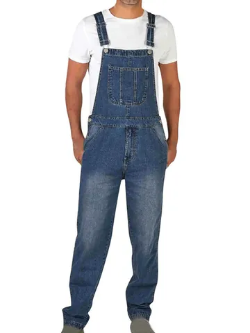 Men's American Vintage Denim Overalls Loose Straight Leg Workwear Dungarees Adjustable Straps Multiple Pockets Washed Cotton Overalls