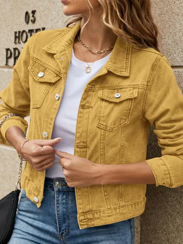 Women's Fashion Slim Fit Denim Jacket Lapel Long Sleeve Single Breasted Washed Jean Coat With Pockets Casual Outerwear
