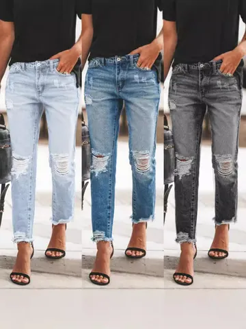 Jeans Taille Haute Délavés et Troués pour Femmes Pantalons en Denim Jambe Droite Avec Ourlet Effiloché Jeans Lavés Décontractés Streetwear pour Femmes