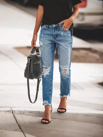 Jeans Taille Haute Délavés et Troués pour Femmes Pantalons en Denim Jambe Droite Avec Ourlet Effiloché Jeans Lavés Décontractés Streetwear pour Femmes