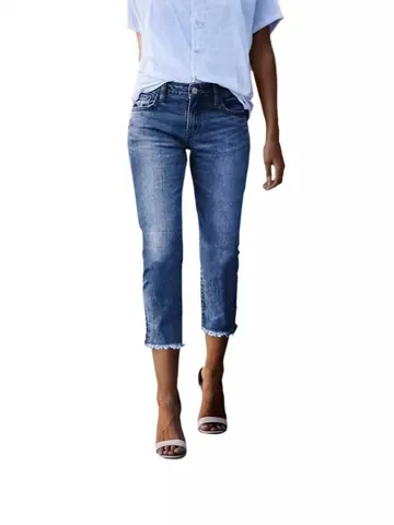 Women's Slim Fit Washed Cropped Denim Jeans With Frayed Hem Stretch Capri Pants Mid Waist Fashion Cotton Trousers