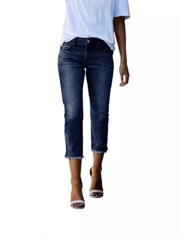 Women's Slim Fit Washed Cropped Denim Jeans With Frayed Hem Stretch Capri Pants Mid Waist Fashion Cotton Trousers