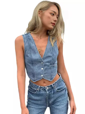 Women's Casual Washed Denim Vest V Neck Single Breasted Sleeveless Cropped Jean Top Streetwear Fashion Sleeveless Denim Jacket For Women