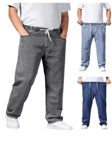 Men Casual Plus Size Straight Leg Jeans Elastic Drawstring Waist Denim Pants Washed Loose Fit Cotton Blend Trousers For Everyday Wear