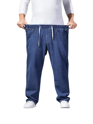 Men Casual Plus Size Straight Leg Jeans Elastic Drawstring Waist Denim Pants Washed Loose Fit Cotton Blend Trousers For Everyday Wear