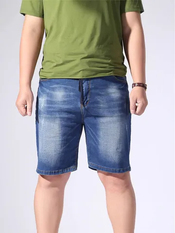 Ανδρικά Casual Denim Shorts Υψηλής Ελαστικότητας Πλυμένο Μπλε Ίσιο Μήκος Γόνατος Μείγμα Βαμβακιού Κορδόνι στη Μέση Μεγάλο Μέγεθος Jeans Shorts