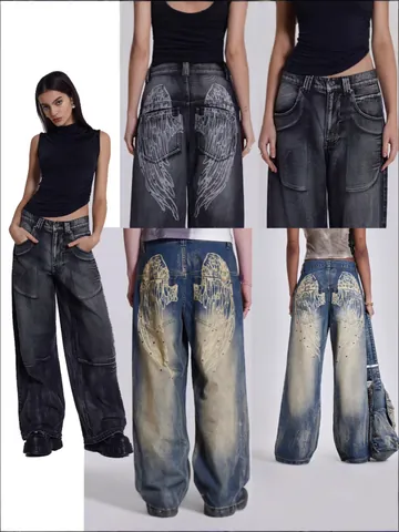 Women Vintage Wing Print Denim Jeans Y2K Streetwear Studded Distressed Straight Leg Loose Pants Cotton Denim For Autumn